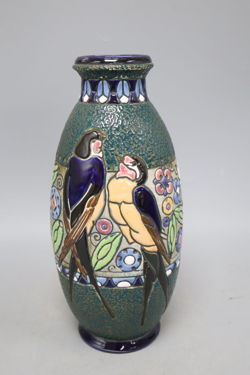 A French Art Deco amphora bird decorated vase, height 30cm